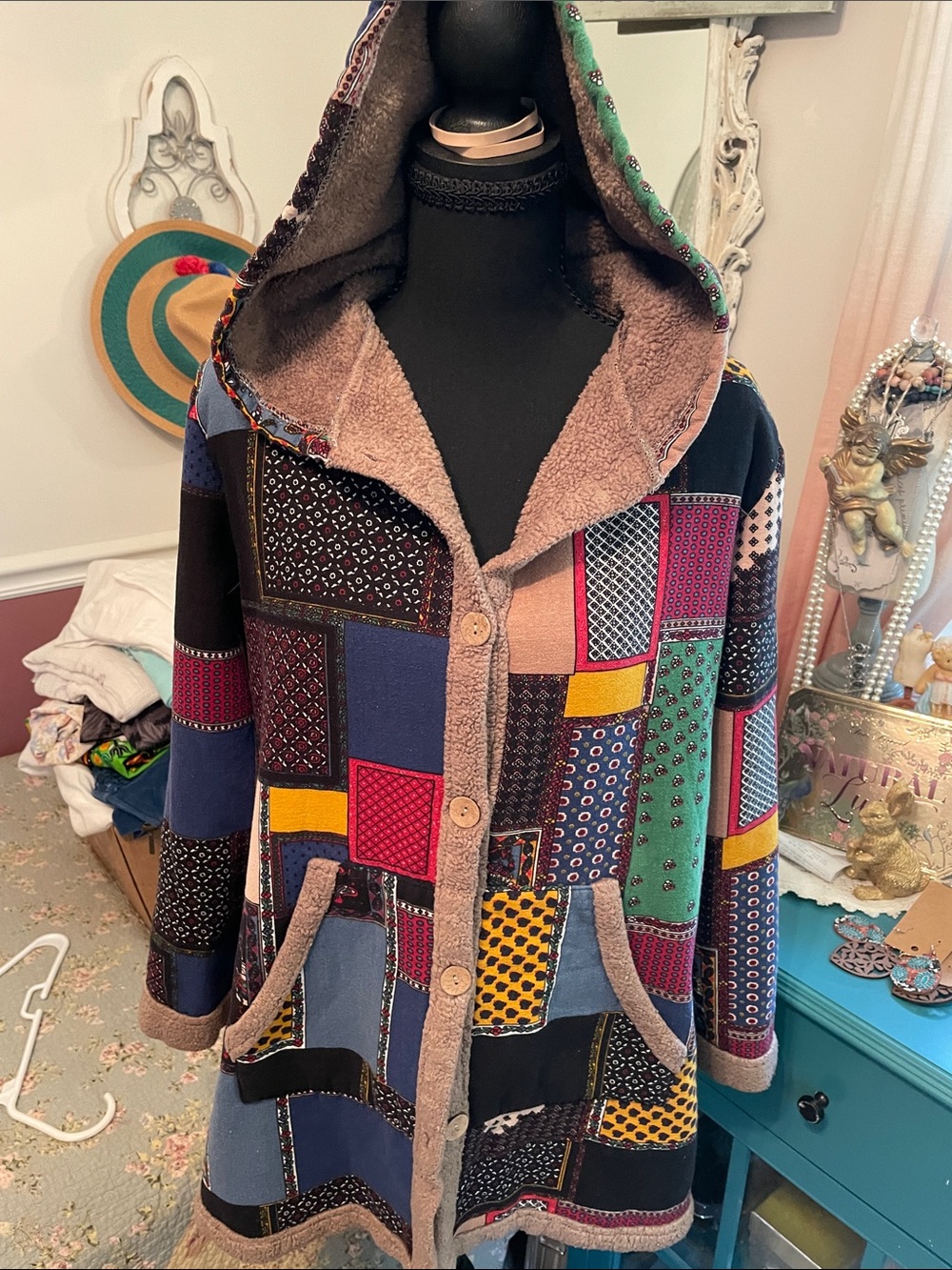 Patchwork Boho Hooded Coatigan in Multicolor looks like patchwork